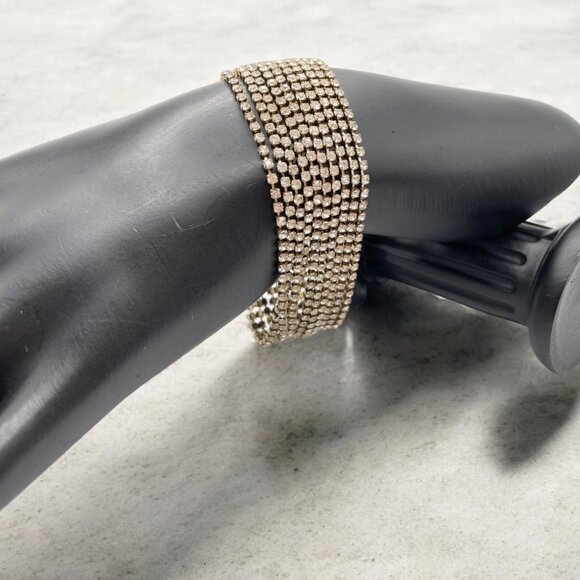 Vintage 10 Row RHINESTONE Chunky Bracelet Bright Shiny Silver Tone Bling Jewelry - Picture 2 of 10